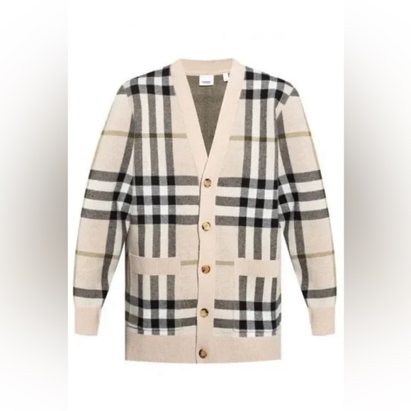 Burberry Signature Check Jacquard  Cardigan Wool Cashmere in Beige | size L - Picture 2 of 12